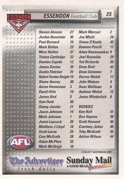 2003 Select The Advertiser-Sunday Mail AFL #25 Essendon Bombers Back